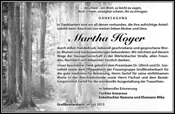 Traueranzeige von Martha Hoyer von Südthüringer Presse