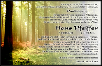 Traueranzeige von Hans Pfeiffer von Südthüringer Presse