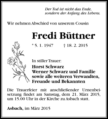 Traueranzeige von Fredi Büttner von Südthüringer Presse