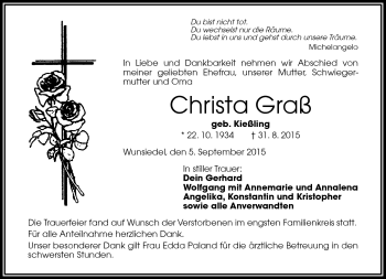 Traueranzeige von Christa Graß von Frankenpost