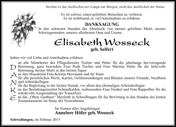 Traueranzeige von Elisabeth Wosseck von Südthüringer Presse