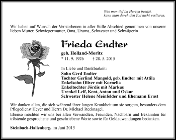 Traueranzeige von Frieda Endter von Südthüringer Presse