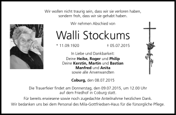 Traueranzeige von Walli Stockums von Neue Presse Coburg