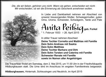 Traueranzeige von Anita Peißig von Südthüringer Presse