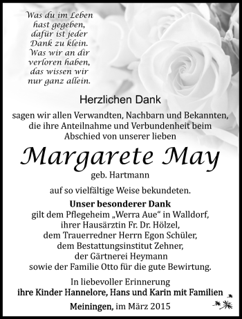 Traueranzeige von Margarete May von Südthüringer Presse