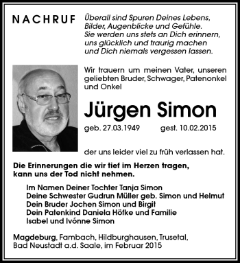 Traueranzeige von Jürgen Simon von Südthüringer Presse