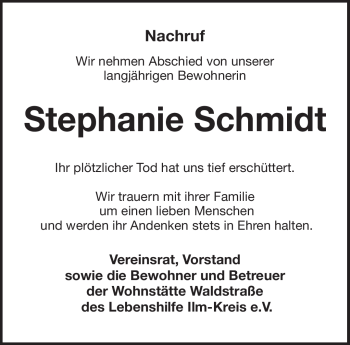 Traueranzeige von Stephanie Schmidt von Südthüringer Presse