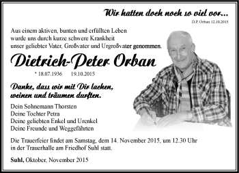 Traueranzeige von Dietrich Peter Orban von Südthüringer Presse