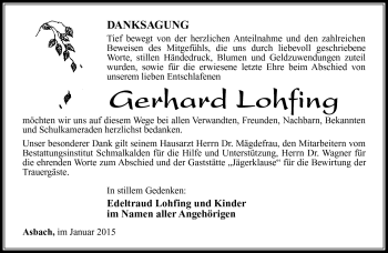 Traueranzeige von Gerhard Lohfing von Südthüringer Presse