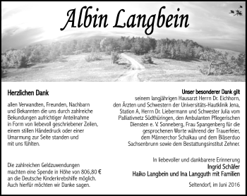 Traueranzeige von Albin Langbein von Südthüringer Presse