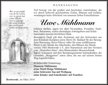 Traueranzeige von Uwe Mühlmann von Südthüringer Presse
