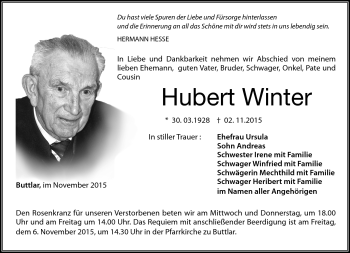 Traueranzeige von Hubuert Winter von Südthüringer Presse