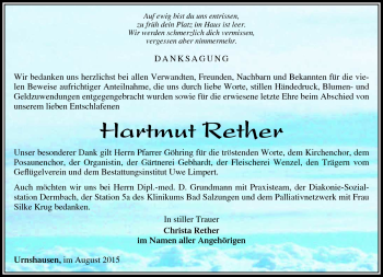 Traueranzeige von Helmut Rether von Südthüringer Presse