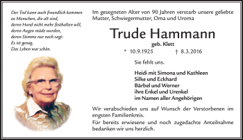 Traueranzeige von Trude Hammann von Südthüringer Presse