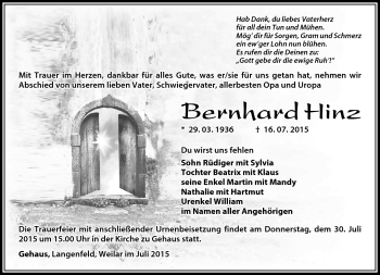 Traueranzeige von Bernhard Hinz von Südthüringer Presse