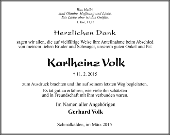 Traueranzeige von Karlheinz Volk von Südthüringer Presse