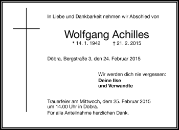 Traueranzeige von Wolfgang Achilles von Frankenpost