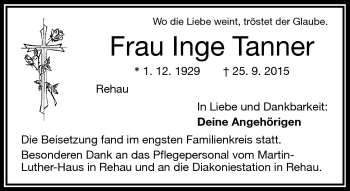 Traueranzeige von Inge Tanner von Frankenpost