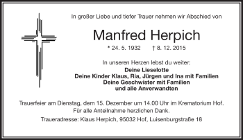 Traueranzeige von Manfred Herpich von Frankenpost