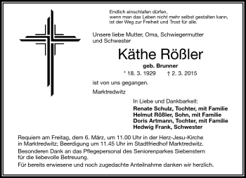 Traueranzeige von Käthe Rößler von Frankenpost