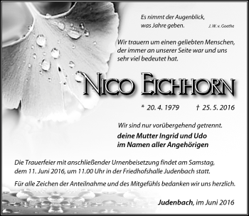 Traueranzeige von Nico Eichhorn von Südthüringer Presse
