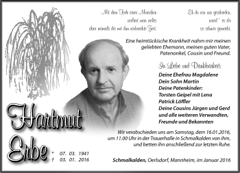 Traueranzeige von Hartmut Erb von Südthüringer Presse