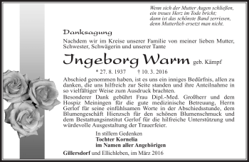 Traueranzeige von Ingeborg Warm von Südthüringer Presse