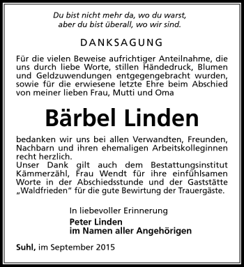 Traueranzeige von Bärbel Linden von Südthüringer Presse