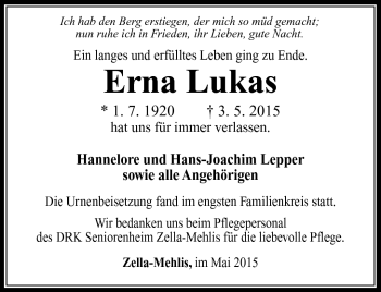 Traueranzeige von Erna Lukas von Südthüringer Presse
