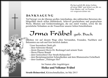 Traueranzeige von Irma Fräbel von Südthüringer Presse