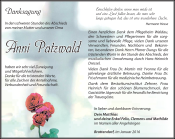 Traueranzeige von Anni Patzwald von Südthüringer Presse