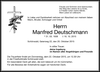 Traueranzeige von Manfred Deutschmann von Frankenpost
