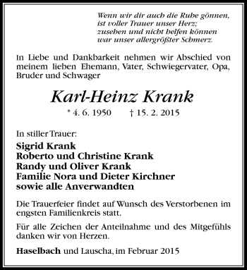 Traueranzeige von Karl-Heinz Krank von Südthüringer Presse
