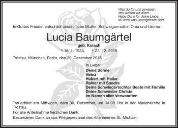 Traueranzeige von Lucia Baumgärtel von Frankenpost