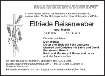 Traueranzeige von Elfriede Reisenweber von Neue Presse Coburg