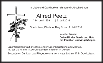 Traueranzeige von Alfred Peetz von Frankenpost