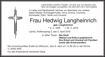 Traueranzeige von Hedwig Langheinrich von Frankenpost