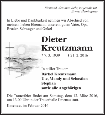 Traueranzeige von Dieter Kreutzmann von Südthüringer Presse