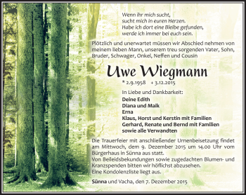 Traueranzeige von Uwe Wiegmann von Südthüringer Presse