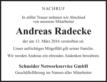 Traueranzeige von Andreas Radecke von Südthüringer Presse