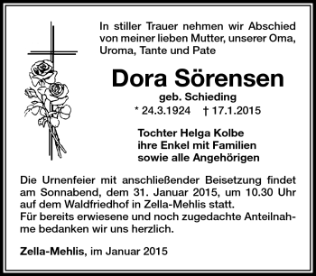 Traueranzeige von Dora Sörensen von Südthüringer Presse