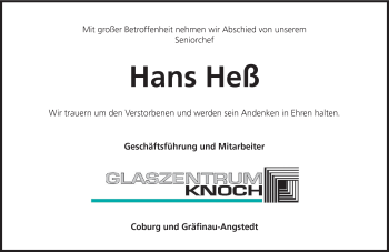 Traueranzeige von Hans Hess von Neue Presse Coburg