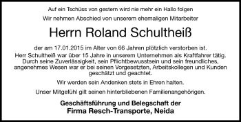 Traueranzeige von Roland Schultheiß von Neue Presse Coburg