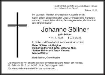 Traueranzeige von Johanne Söllner von Frankenpost