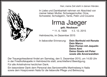 Traueranzeige von Irma Jaeger von Frankenpost