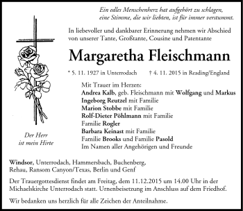 Traueranzeige von Margaretha Fleischmann von Neue Presse Coburg