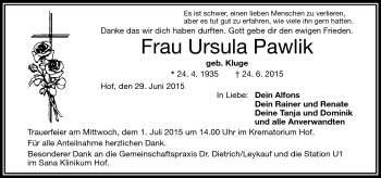 Traueranzeige von Ursula Pawlik von Frankenpost