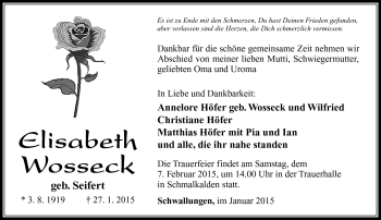 Traueranzeige von Elisabeth Wosseck von Südthüringer Presse