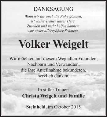 Traueranzeige von Volker Weigelt von Südthüringer Presse