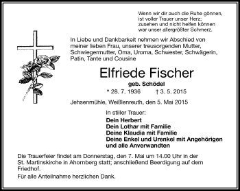 Traueranzeige von Elfriede Fischer von Frankenpost
